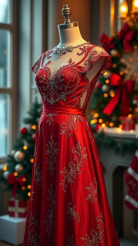 An elegant red haute couture Christmas dress with lace and bead details on a mannequin, set in a festive decorated room.